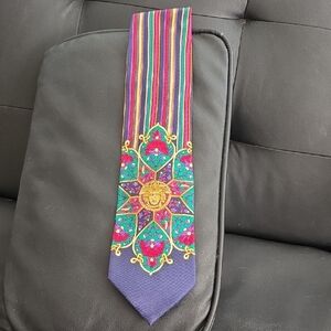 Authentic Gianni Versace Men's Multicolor Patterned Silk Tie with Gold Medallion